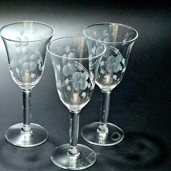 Unknown Other - 3 Art Deco Etched Crystal Cocktail Glasses 5" vtg hashtag floral drinkware 90s